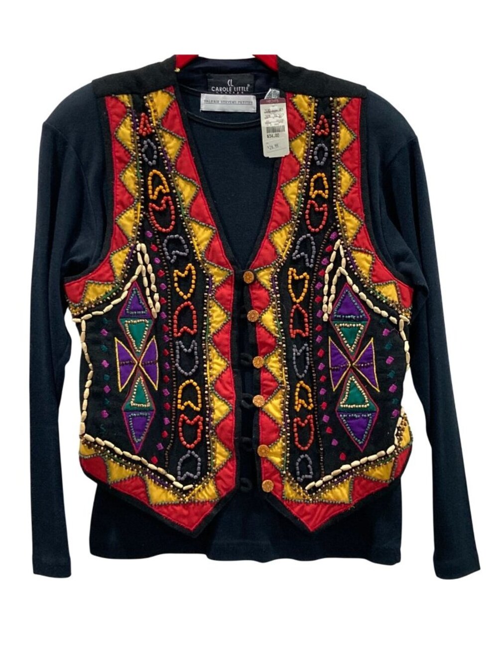 Vintage 90s Beaded Boho Vest and Top Black PM Boho Festival Tribal Carole Little
